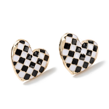 Black and White Checkerboard Heart Stud Earrings, Alloy Enamel with 925 Sterling Silver Pin, for Girl Women, Light Gold, 14.7x16x3.5mm, Pin: 0.8mm