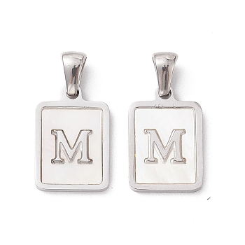 304 Stainless Steel Pave Shell Pendants, Rectangle Charm, Stainless Steel Color, Letter M, 17.5x12x1.5mm, Hole: 3x5mm