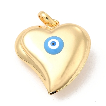 Brass Pendants, with Enamel, Real 18K Gold Plated, Long-Lasting Plated, Heart with Evil Eye Charm, Deep Sky Blue, 33x30x12mm, Hole: 8.5x5mm