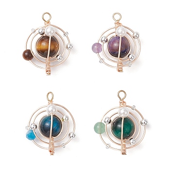 4Pcs 4 Colors Natural Tiger Eye & Shell Pearl Pendants, Planet Charms with Copper Wire, Light Gold, Mixed Dyed and Undyed, Mixed Color, 24x19.5x9.5mm, Hole: 2.5mm, 1pc/color