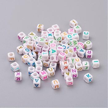Opaque Horizontal Hole Acrylic Beads, Mixed Letters, Cube, Mixed Color, about 6mm in diameter, about 2600pcs/500g, hole: about 3.2mm