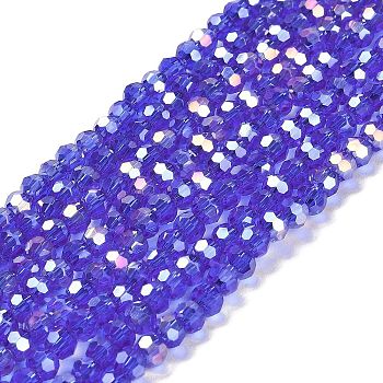 Transparent Glass Beads, 32 Facets, AB Color Plated, Round, Slate Blue, 4.5x4mm, Hole: 1mm, about 87~93pcs/strand, 32~33cm