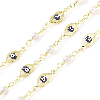Enamel Lip Link Chains, with Glass Seed Beaded and Rack Plating Real 18K Gold Plated Brass Chain, Soldered, with Spools, Long-Lasting Plated, Cadmium Free & Lead Free, Marine Blue, 16x5.6x3mm