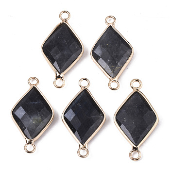 Natural Larvikite Links Connectors, with Edge Light Gold Plated Brass Findings, Faceted, Rhombus, 29~30x15x4mm, Hole: 2.5mm