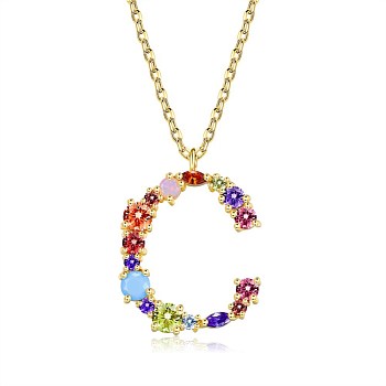 Brass Micro Pave Cubic Zirconia Pendant Necklaces, Initial Necklaces, with Cable Chains, Letter C, Colorful, Golden, 15-3/4 inch(40cm)