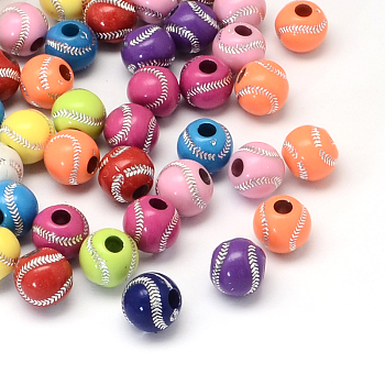 Baseball Plating Acrylic Beads, Sports Beads, Large Hole Beads, Silver Metal Enlaced, Mixed Color, 12mm, Hole: 4mm