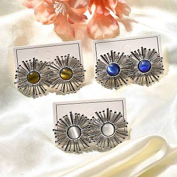 304 Stainless Steel Glass Stud Earrings, Ion Plating(IP), Flat Round, Golden, Mixed Color, 29.5x28.5mm