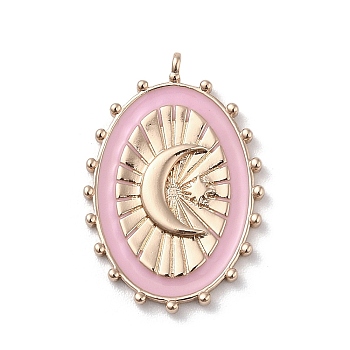 304 Stainless Steel Pendants, with Enamel, Oval with Moon & Star Charm, Golden, Pink, 28.5x19x3mm, Hole: 1.4mm