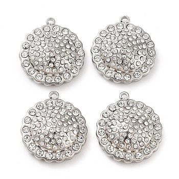 304 Stainless Steel Pendants, with Rhinestone, Sunflower Charms, Stainless Steel Color, 18x16x5.8mm, Hole: 1.4mm
