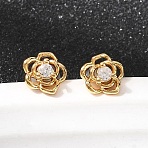 Flower Brass Micro Pave Clear Cubic Zirconia Stud Earrings, Nickel Free, Real 18K Gold Plated, 7x6mm(EJEW-P331-05G)