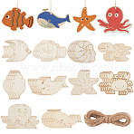 30Pcs 10 Styles Ocean Theme Unfinished Blank Wooden Pendants Set for Painting Arts, Pyrography, Home Decor, with 10M Jute Cord, Mixed Shapes, Pendants: 63~89.5x1~100.5x1~3mm, Hole: 4mm, 3pcs/style(DIY-SP0003-90)