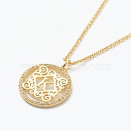 Brass Micro Pave Clear Cubic Zirconia Pendant Necklaces, Flat Round with Letter, Real 18K Gold Plated, Letter.K, 16.14~17.20 inch(41~43.7cm)(NJEW-J059-01K)