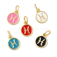 Real 18K Gold Plated Brass Enamel Charms, with Jump Ring, Long-Lasting Plated, Lead Free & Cadmium Free, Flat Round with Pisces Charms, Mixed Color, 10x8x1mm, Hole: 4mm(KK-L216-001G-A)