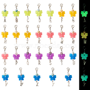 Butterfly Luminous Acrylic & Letter A~Z Tibetan Style Alloy Pendant Decorations, Glow in the Dark, for Keychain, Purse, Backpack Ornament, Stitch Marker, Mixed Color, 62mm, 26 style, 1pc/style, 26pcs/set(HJEW-TAC0020)