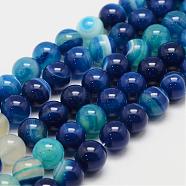 Natural Striped Agate/Banded Agate Bead Strands, Round, Grade A, Dyed, Dodger Blue, 10mm, Hole: 1mm, about 37~38pcs/strand, 14.5 inch(G-K155-B-10mm-02)
