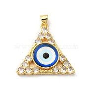 Real 18K Gold Plated Brass Pendants, with Glass and Acrylic, Triangle With Evil Eye Charms, Blue, 27x28x7mm, Hole: 4x3.5mm(KK-L209-007G-03)