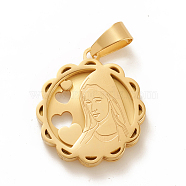 304 Stainless Steel Pendants, Flat Round with Virgin Mary, Golden, 29x26x3mm, Hole: 5x8mm(STAS-L241-021G)