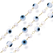 Handmade Evil Eye Lampwork & Imitation Pearl Beads Chains, for Necklaces Bracelets Making, with 304 Stainless Steel Chains, Soldered, with Spool, Real 18K Gold Plated, 4x3.5~4mm, about 32.81 Feet(10m)/Roll(CHS-T006-16G)