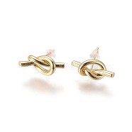 Brass Stud Earrings, with Plastic Ear Nuts, Long-Lasting Plated, Knot, Golden, 8x17x4mm, Pin: 0.7mm(EJEW-F809-02G)