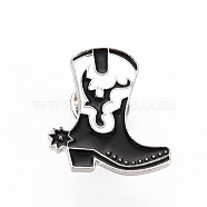 Rack Plating Alloy Enamel Brooches, Enamel Pins, with Brass Butterfly Clutches, Boot, Cadmium Free & Nickel Free & Lead Free, Platinum, Black, 25.5x23mm, Pin: 1mm(JEWB-S011-138-NR)