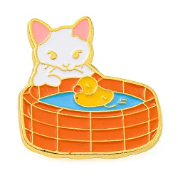 Golden Zinc Alloy Brooches, Cartoon Cat Enamel Pins, Pool, 26x25x1.6mm(JEWB-Z015-01B)