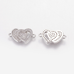 Brass Micro Pave Cubic Zirconia Links, Clear, Double Heart, Nickel Free & Lead Free & Cadmium Free, Platinum, 11x20x2.5mm, Hole: 1mm(ZIRC-L067-07-P-NR)