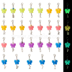 Butterfly Luminous Acrylic & Letter A~Z Tibetan Style Alloy Pendant Decorations, Glow in the Dark, for Keychain, Purse, Backpack Ornament, Stitch Marker, Mixed Color, 62mm, 26 style, 1pc/style, 26pcs/set(HJEW-TAC0020)