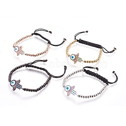 Adjustable 304 Stainless Steel Braided Beaded Bracelets, with Nylon Cord and Brass Micro Pave Cubic Zirconia Enamel Findings, Hamsa Hand/Hand of Fatima/Hand of Miriam, Mixed Color, 1-3/4 inch~3-1/8 inch(4.5~8cm)(BJEW-L655-012)