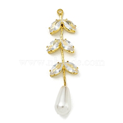 Brass Rhinestone Big Pendants, with ABS Imitation Pearl Beads, Leaf Charms, Golden, 50x12.5x4mm, Hole: 1.5mm(KK-I715-24G-01)