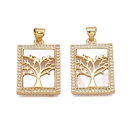 Brass Micro Pave Clear Cubic Zirconia Pendants, with Shell, Rectangle & Tree of Life Charms, Real 18K Gold Plated, 24x17x3mm, Hole: 5x3.5mm(KK-N254-193G)