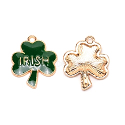 Alloy Enamel Pendants, Clover with Word IRISH, Dark Green, Light Gold, 24x19x2.5mm, Hole: 2mm(PALLOY-SZC0004-02LG)