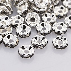 Brass Rhinestone Spacer Beads, Grade AAA, Wavy Edge, Nickel Free, Silver Color Plated, Rondelle, Black Diamond, 4x2mm, Hole: 1mm(RB-A014-L4mm-12S-NF)