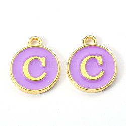 Golden Plated Alloy Enamel Charms, Enamelled Sequins, Flat Round with Letter, Medium Purple, Letter.C, 14x12x2mm, Hole: 1.5mm(ENAM-S118-10C)