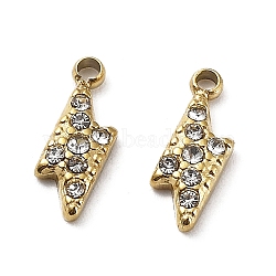 Ion Plating(IP) 304 Stainless Steel Charm, with Crystal Rhinestone, Lightning Charm, Real 18K Gold Plated, 10x4x2mm, Hole: 1mm(STAS-Q777-25G)