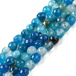 Natural Striped Agate/Banded Agate Beads Strands, Dyed & Heated, Faceted Round, Dodger Blue, 8mm, Hole: 1mm, about 46pcs/strand, 14.69~15.16''(37.3~38.5cm)(G-A246-8mm-07)