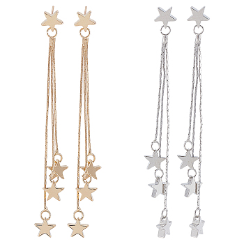 2 Pairs 2 Colors Alloy Star Tassel Dangle Stud Earrings for Women, Platinum & Light Gold, 87mm, Pin: 0.6mm, 1 Pairs/color