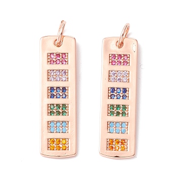 Brass Micro Pave Colorful Cubic Zirconia Pendants,  Cadmium Free & Lead Free, Rectangle, Rose Gold, 29x8.5x1.5mm, Hole: 4.4mm