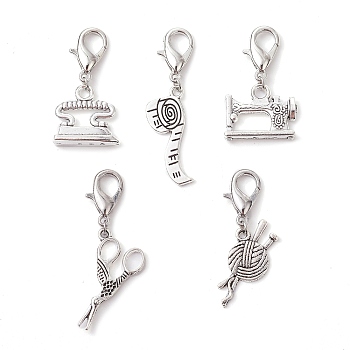 Alloy Pendant Decorations, with Alloy Lobster Claw Clasps, Tool theme, Antique Silver & Platinum, 32~44mm, 5pcs/set