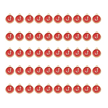 Golden Plated Alloy Charms, with Enamel, Enamelled Sequins, Flat Round, Red, Letter.I, 14x12x2mm, Hole: 1.5mm, 50pcs/Box
