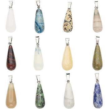 Natural/Synthetic Gemstone Pendants, with Stainless Steel Snap On Bails, teardrop, 28~30x10~12mm, Hole: 6x4mm, 22pcs/box