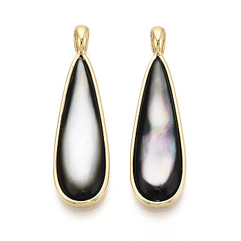 Natural Black Lip Shell Pendants, Teardrop Charms, with Brass Settings, Golden, 40~40.5x11.5x3.5~4.5mm, Hole: 5x4mm