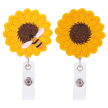 CRASPIRE Cloth Retractable Badge Reel, Card Holders, with Alligator Clip, Sunflower with Bees, Yellow, 94mm, Sunflower: 49x49x25mm, 2pcs/set