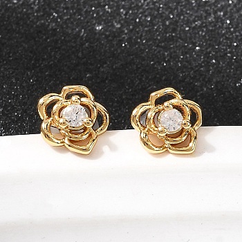 Flower Brass Micro Pave Clear Cubic Zirconia Stud Earrings, Nickel Free, Real 18K Gold Plated, 7x6mm