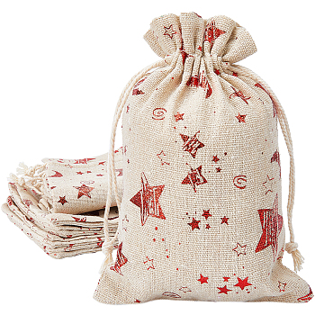 Christmas Jute Cloth Star Print Storage Pouches, Rectangle Drawstring Bags, for Candy Gift Bags, Red, 13x18cm