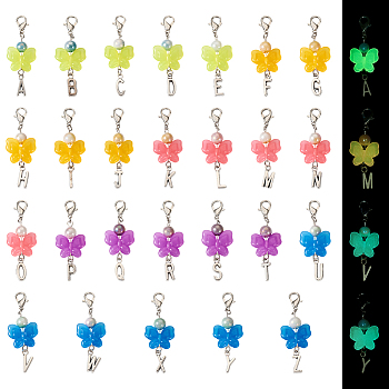 Butterfly Luminous Acrylic & Letter A~Z Tibetan Style Alloy Pendant Decorations, Glow in the Dark, for Keychain, Purse, Backpack Ornament, Stitch Marker, Mixed Color, 62mm, 26 style, 1pc/style, 26pcs/set