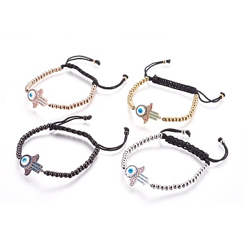 Adjustable 304 Stainless Steel Braided Beaded Bracelets, with Nylon Cord and Brass Micro Pave Cubic Zirconia Enamel Findings, Hamsa Hand/Hand of Fatima/Hand of Miriam, Mixed Color, 1-3/4 inch~3-1/8 inch(4.5~8cm)