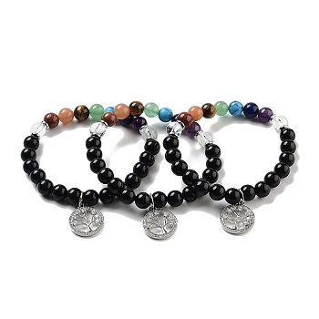 Natural Obsidian Round Beaded Chakra Stretch Bracelets, Brass Micro Pave Cubic Zirconia Tree Charm Bracelets for Women, Inner Diameter: 2-1/4 inch(5.6cm)