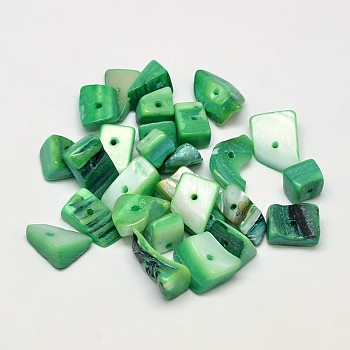 Dyed Natural Freshwater Shell Nuggets Chips Beads, Green, 10~20x5~15mm, Hole: 1mm, about 33pcs/50g