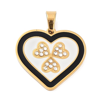 304 Stainless Steel Pendant, with Rhinestone and Enamel, Golden, Heart, 24.5x26.5x2.4mm, Hole: 6x4mm