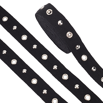 5 Yards Flat Cotton Ribbon, with Silver Color Plated Alloy Eyelets and Rivets, Garment Accessories, with Metallic Wire Twist Ties, Black, 1 inch(25mm)